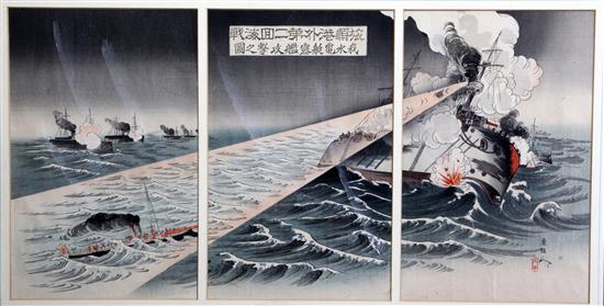 Ga Kyojin Matahari Japanese torpedo boats attacking a Russian war ship, 1904, overall 13.5 x 28in.